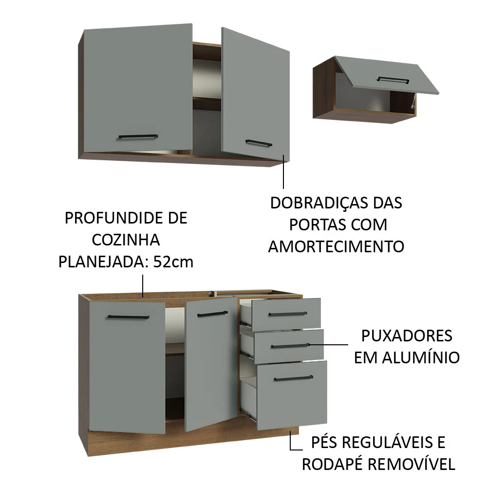 Armário de  Cozinha Compacta 180cm Rustic/Cinza Agata Madesa 09 - Image 4