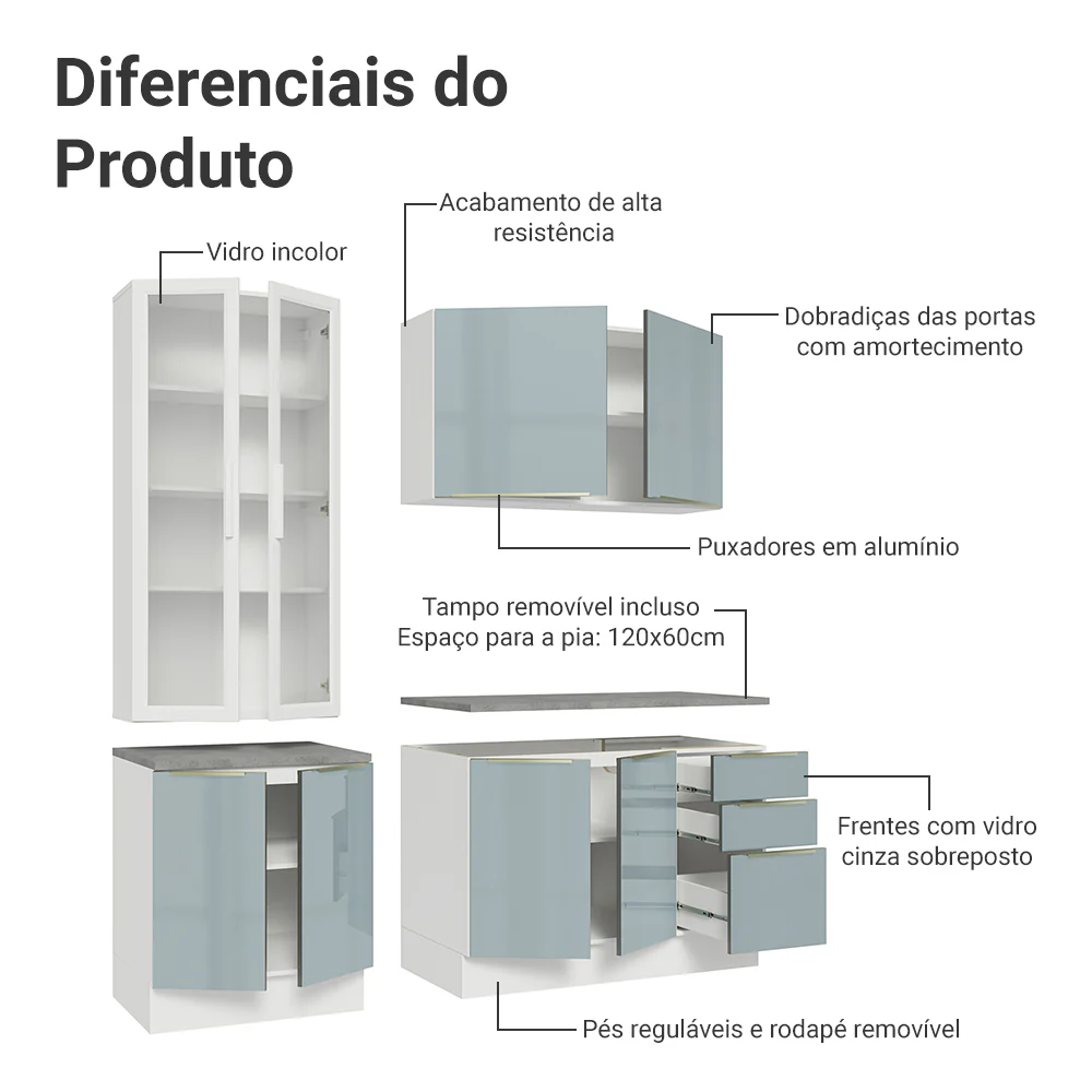 Armário de Cozinha Compacta 190 x 60 cm Branco/Cinza Lux Madesa 02 - Image 5