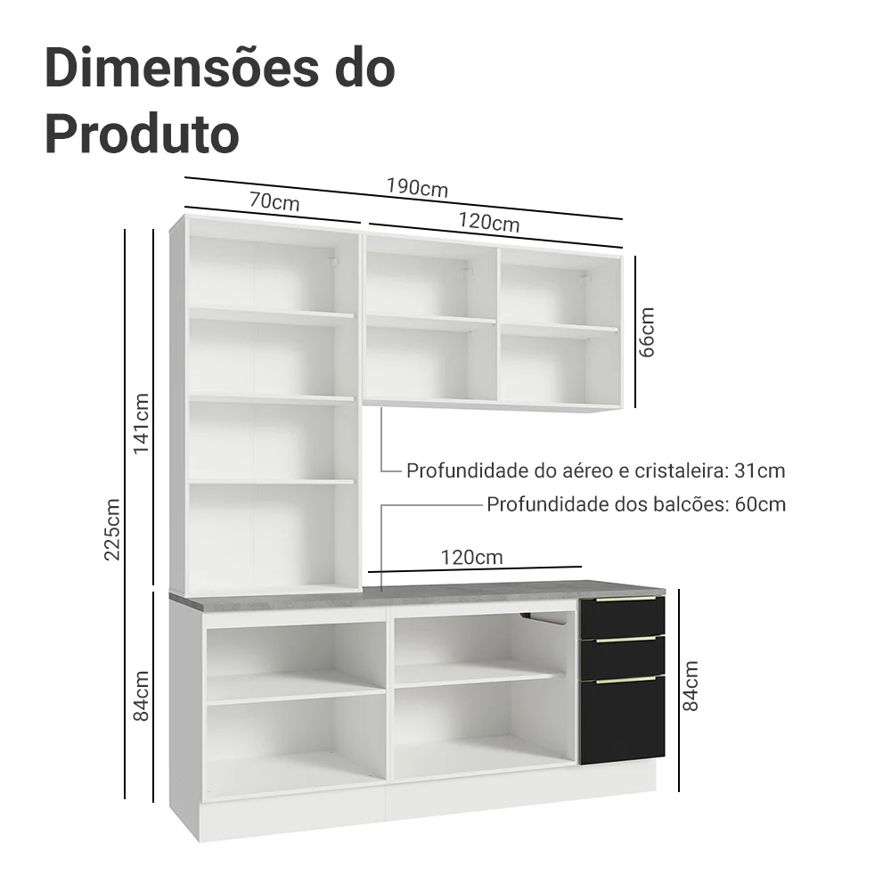 Armário de Cozinha Compacta 190 x 60 cm Branco/Preto Lux Madesa 02 - Image 3