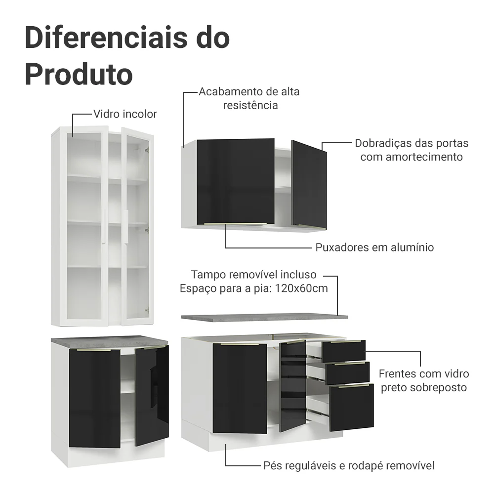 Armário de Cozinha Compacta 190 x 60 cm Branco/Preto Lux Madesa 02 - Image 5
