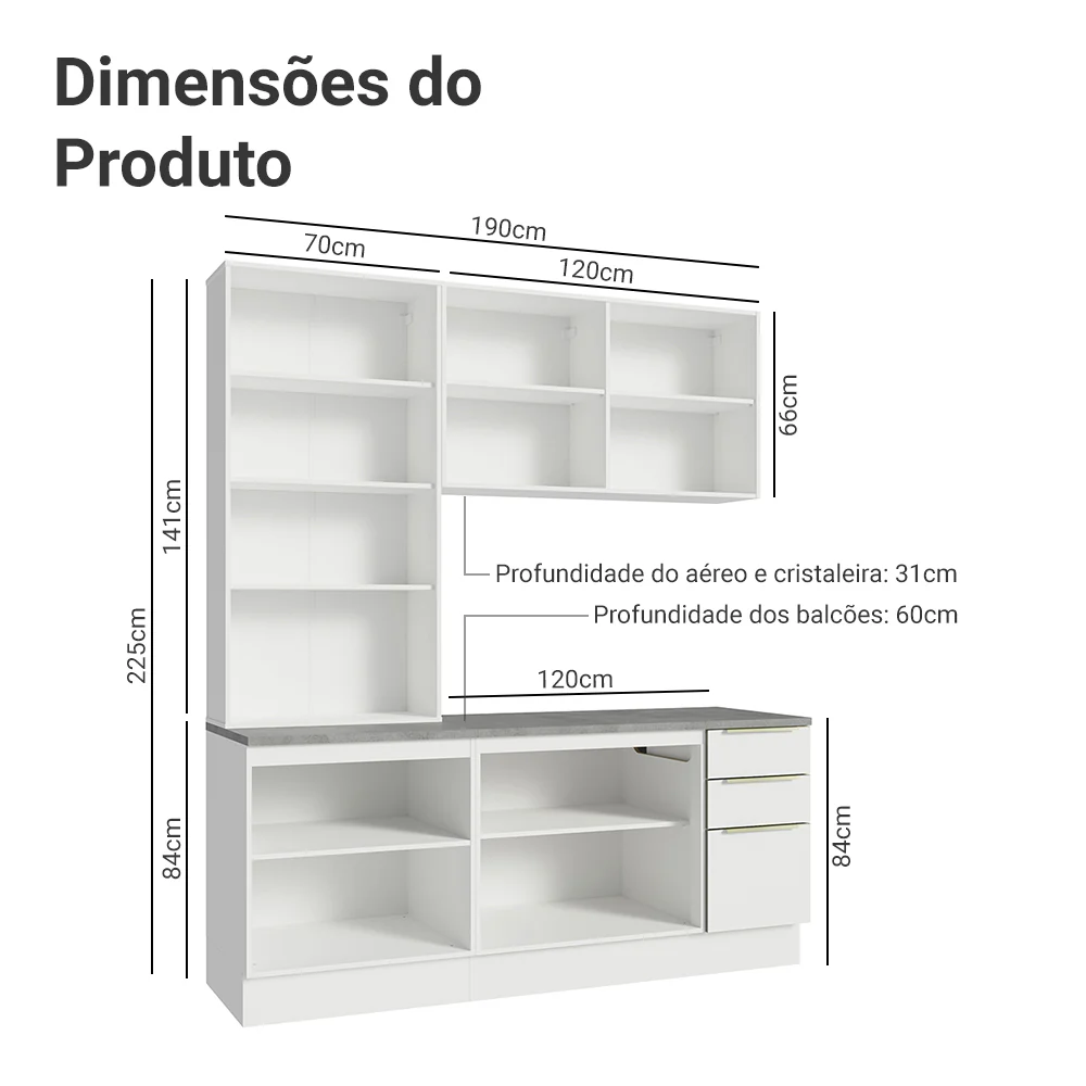 Armário de Cozinha Compacta 190 x 60 cm Branco Veludo Lux Madesa 02 - Image 3