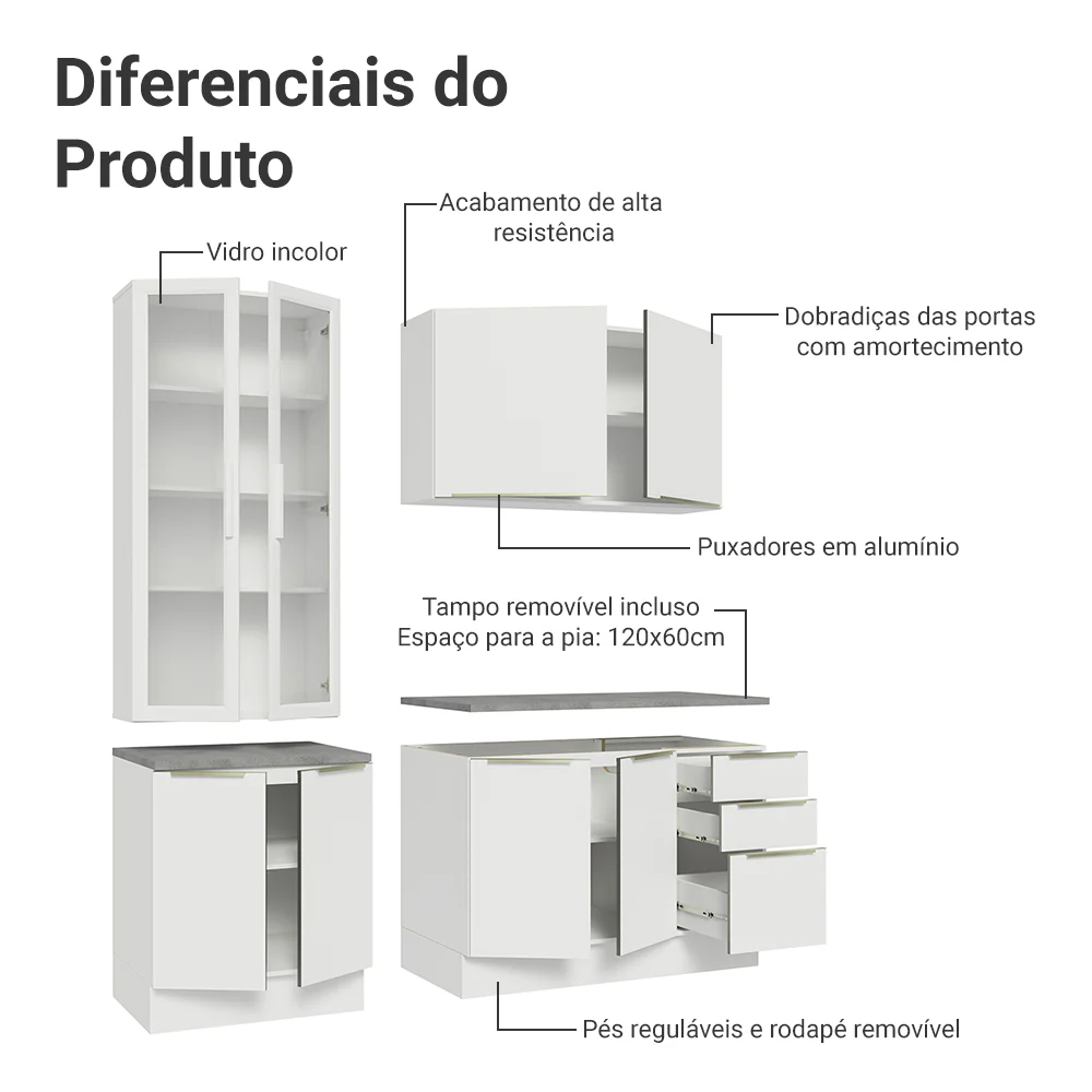 Armário de Cozinha Compacta 190 x 60 cm Branco Veludo Lux Madesa 02 - Image 5