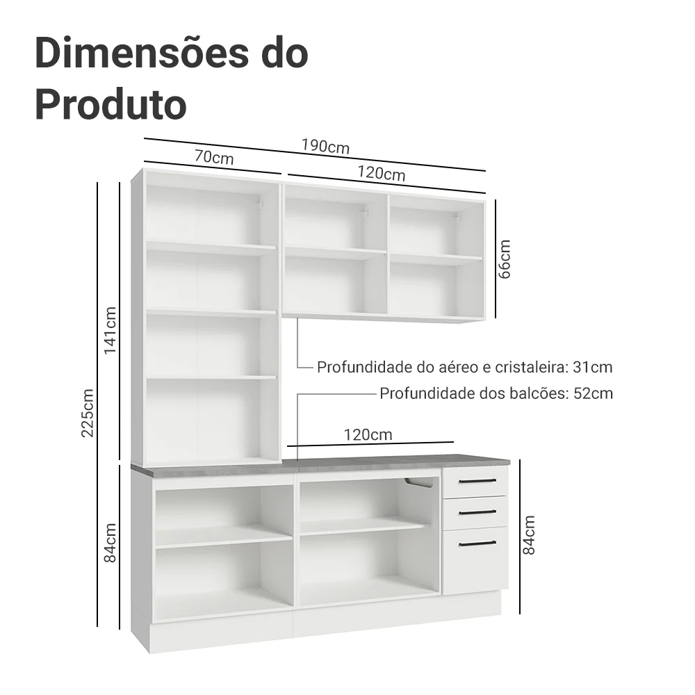 Armário de Cozinha Compacta 190cm com Cristaleira Branco Agata Madesa 01 - Image 3
