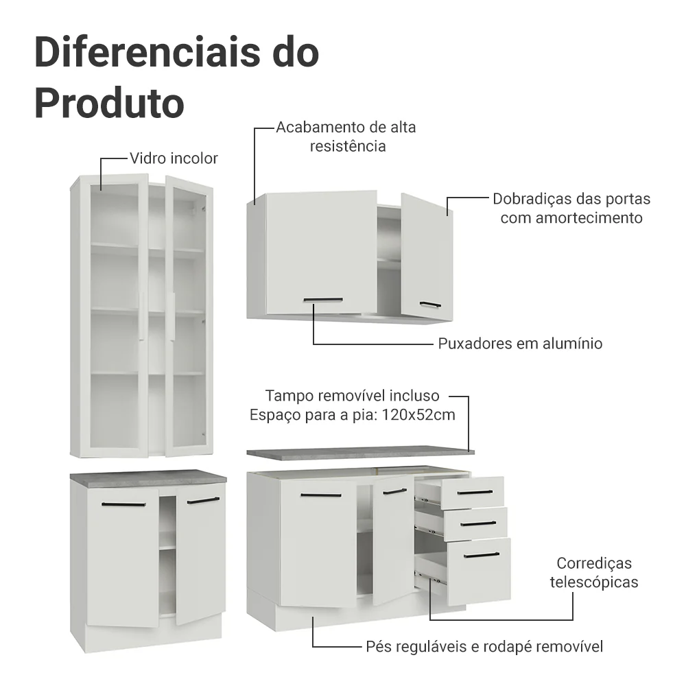 Armário de Cozinha Compacta 190cm com Cristaleira Branco Agata Madesa 01 - Image 5