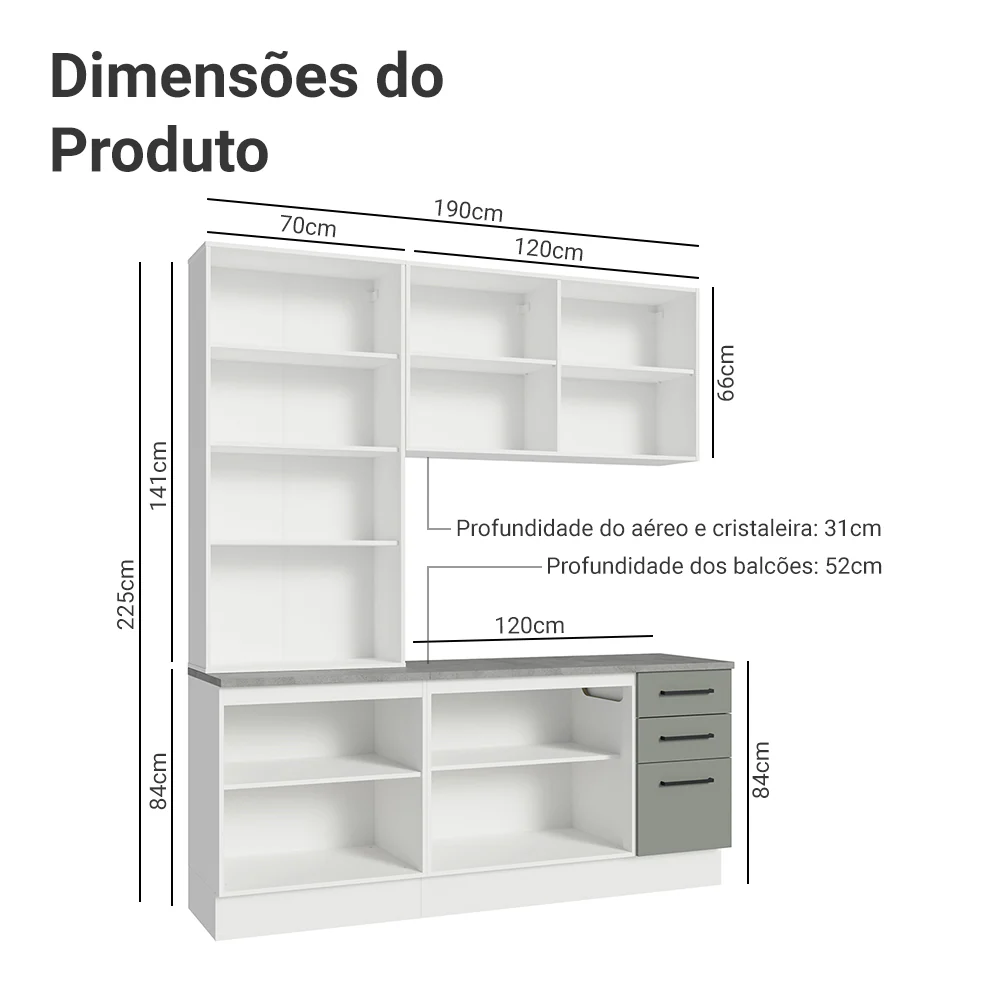 Armário de Cozinha Compacta 190cm com Cristaleira Branco/Cinza Agata Madesa 01 - Image 3