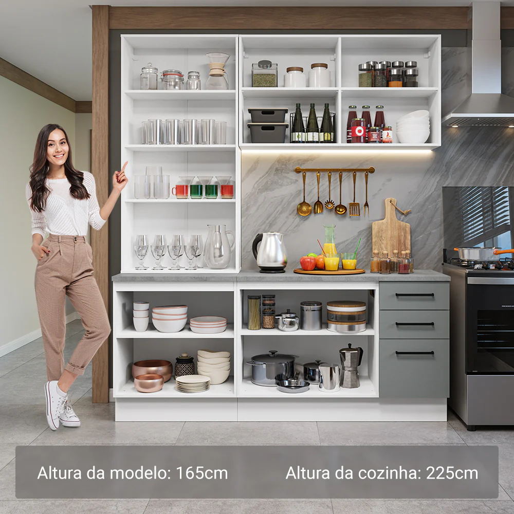 Armário de Cozinha Compacta 190cm com Cristaleira Branco/Cinza Agata Madesa 01 - Image 4