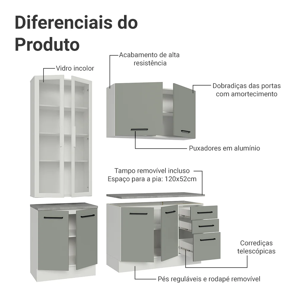 Armário de Cozinha Compacta 190cm com Cristaleira Branco/Cinza Agata Madesa 01 - Image 5
