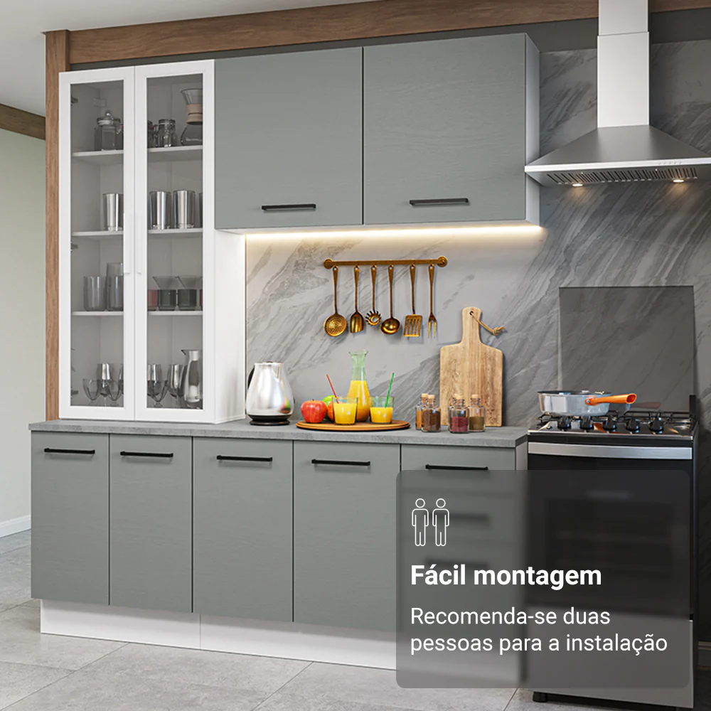 Armário de Cozinha Compacta 190cm com Cristaleira Branco/Cinza Agata Madesa 01 - Image 9