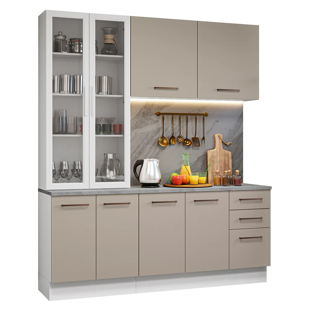 Armário de Cozinha Compacta 190cm com Cristaleira Branco/Crema Agata Madesa 01 - Image 2