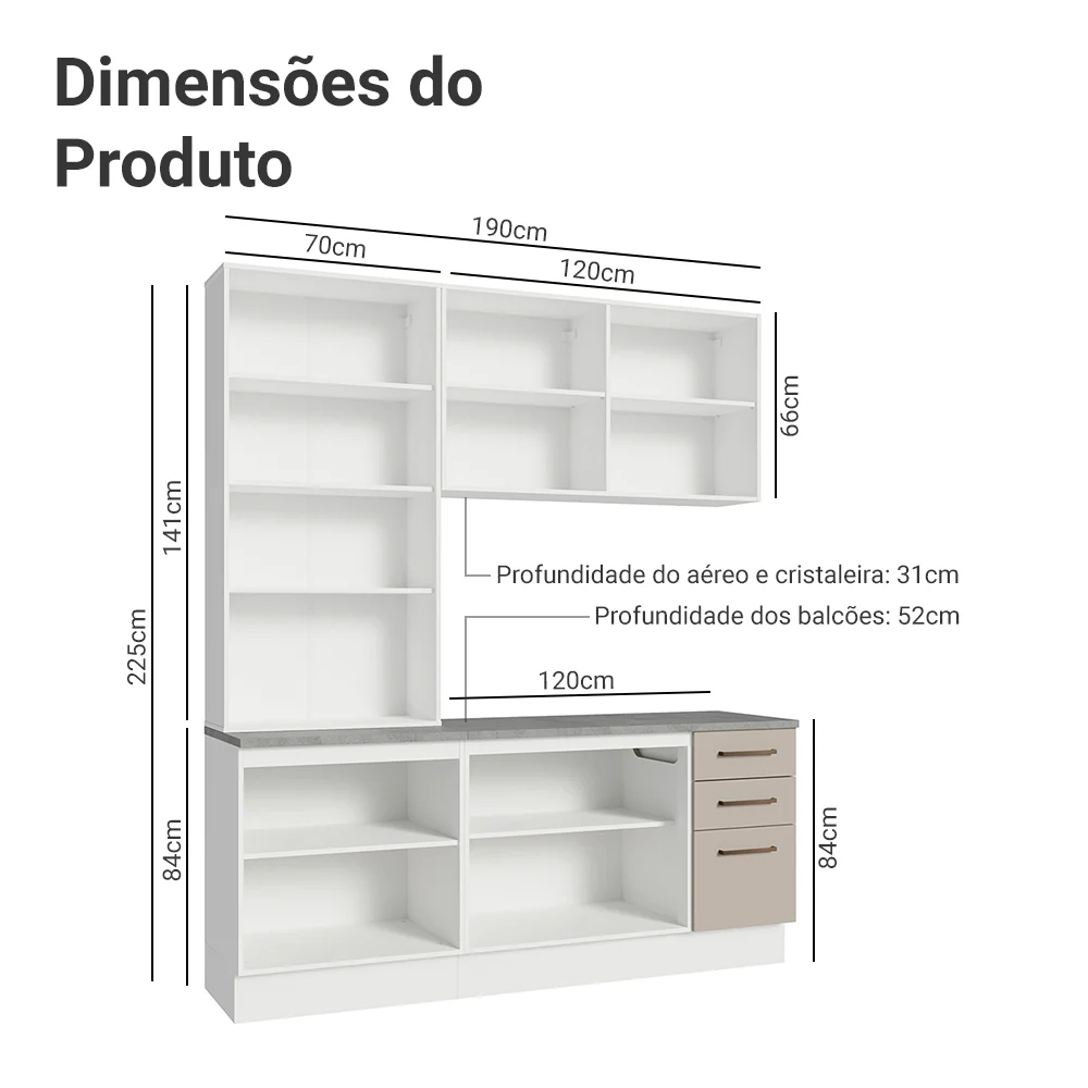 Armário de Cozinha Compacta 190cm com Cristaleira Branco/Crema Agata Madesa 01 - Image 3