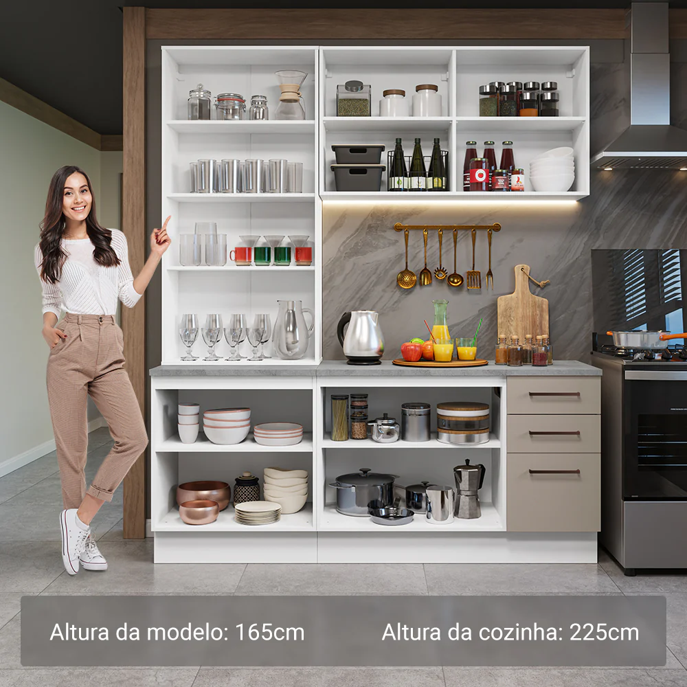 Armário de Cozinha Compacta 190cm com Cristaleira Branco/Crema Agata Madesa 01 - Image 4