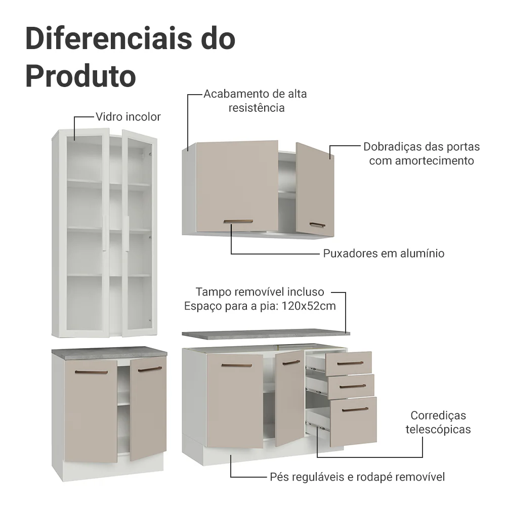 Armário de Cozinha Compacta 190cm com Cristaleira Branco/Crema Agata Madesa 01 - Image 5