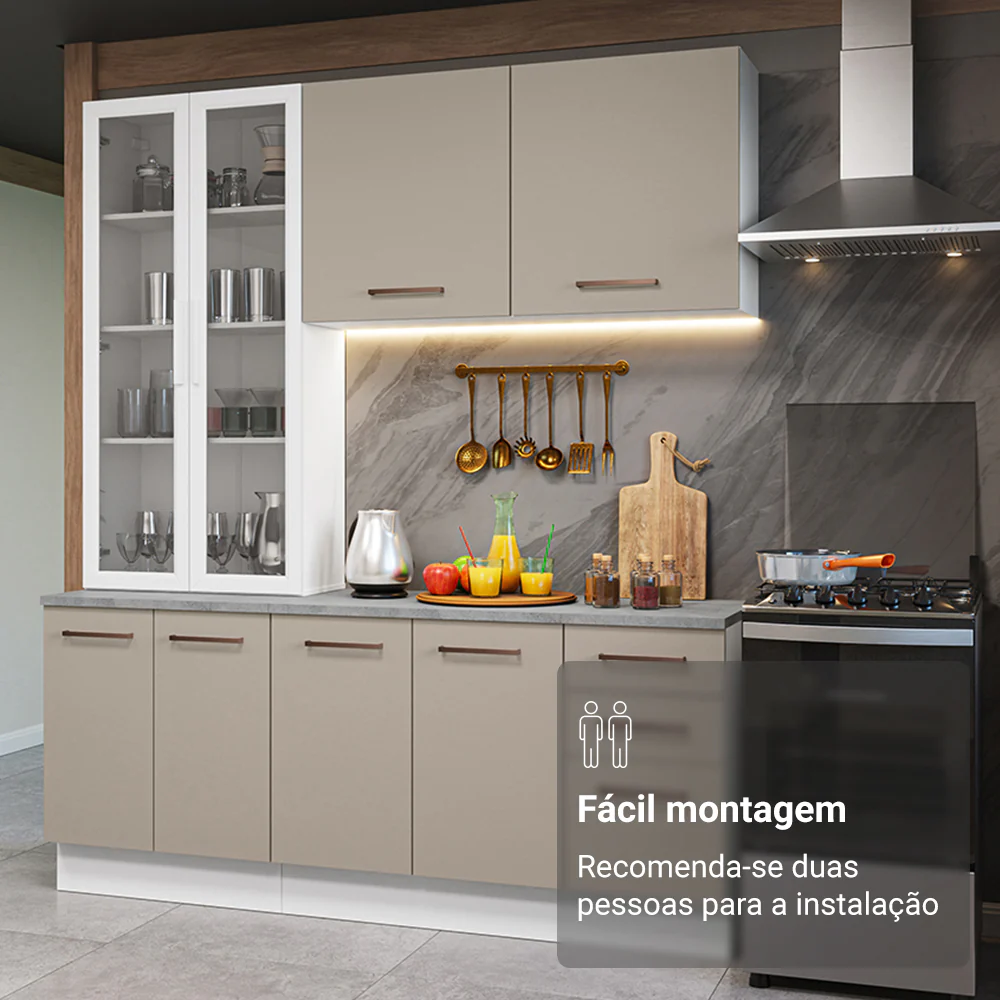 Armário de Cozinha Compacta 190cm com Cristaleira Branco/Crema Agata Madesa 01 - Image 9