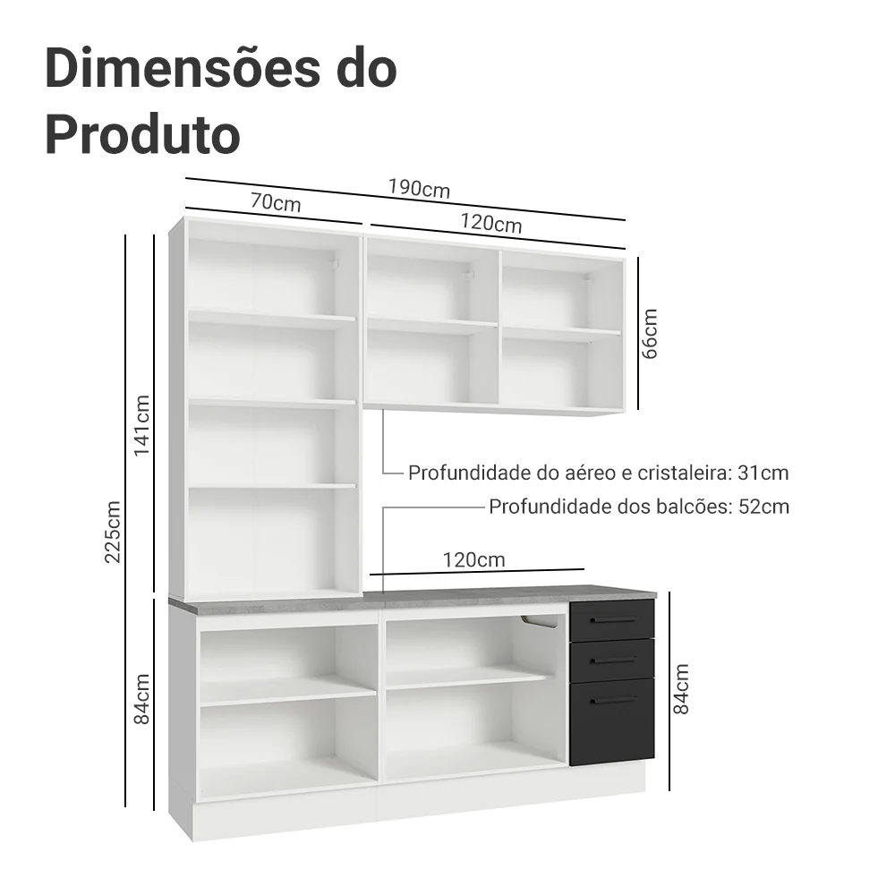 Armário de Cozinha Compacta 190cm com Cristaleira Branco/Preto Agata Madesa 01 - Image 3