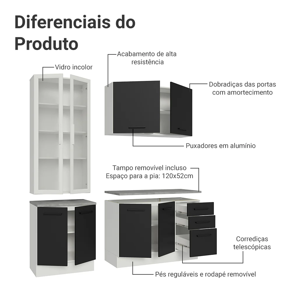 Armário de Cozinha Compacta 190cm com Cristaleira Branco/Preto Agata Madesa 01 - Image 5