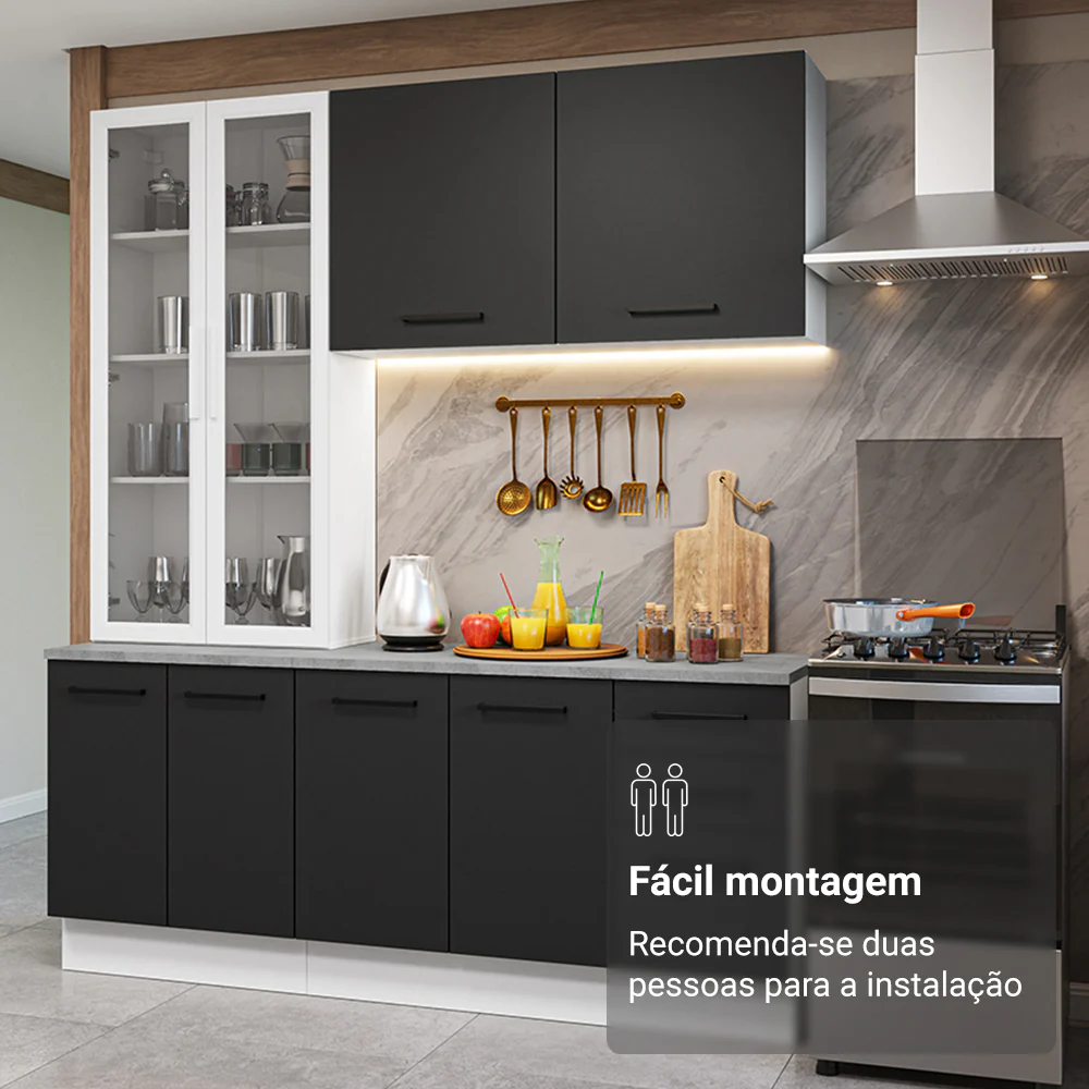 Armário de Cozinha Compacta 190cm com Cristaleira Branco/Preto Agata Madesa 01 - Image 9