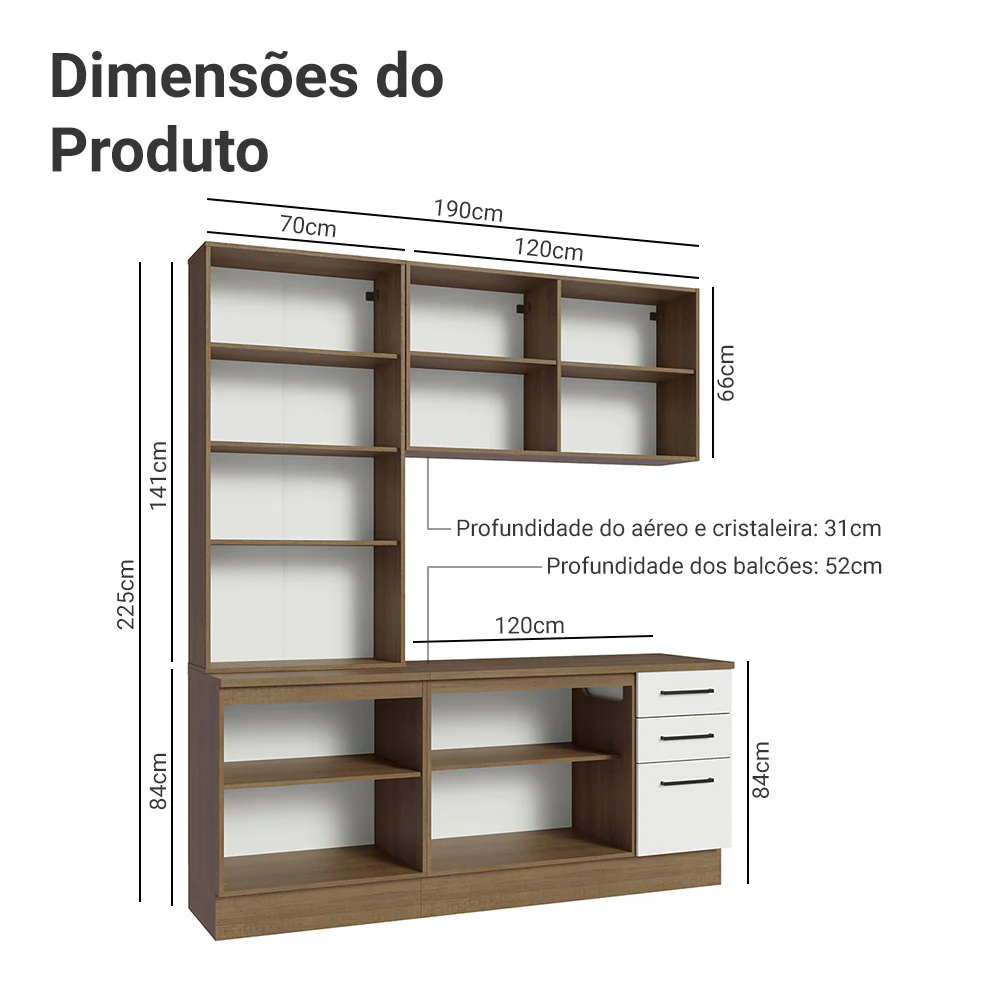 Armário de Cozinha Compacta 190cm com Cristaleira Rustic/Branco Agata Madesa 01 - Image 3