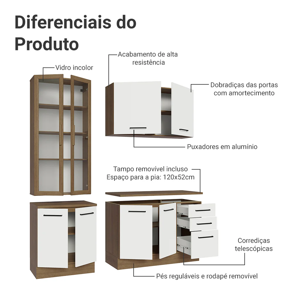 Armário de Cozinha Compacta 190cm com Cristaleira Rustic/Branco Agata Madesa 01 - Image 5
