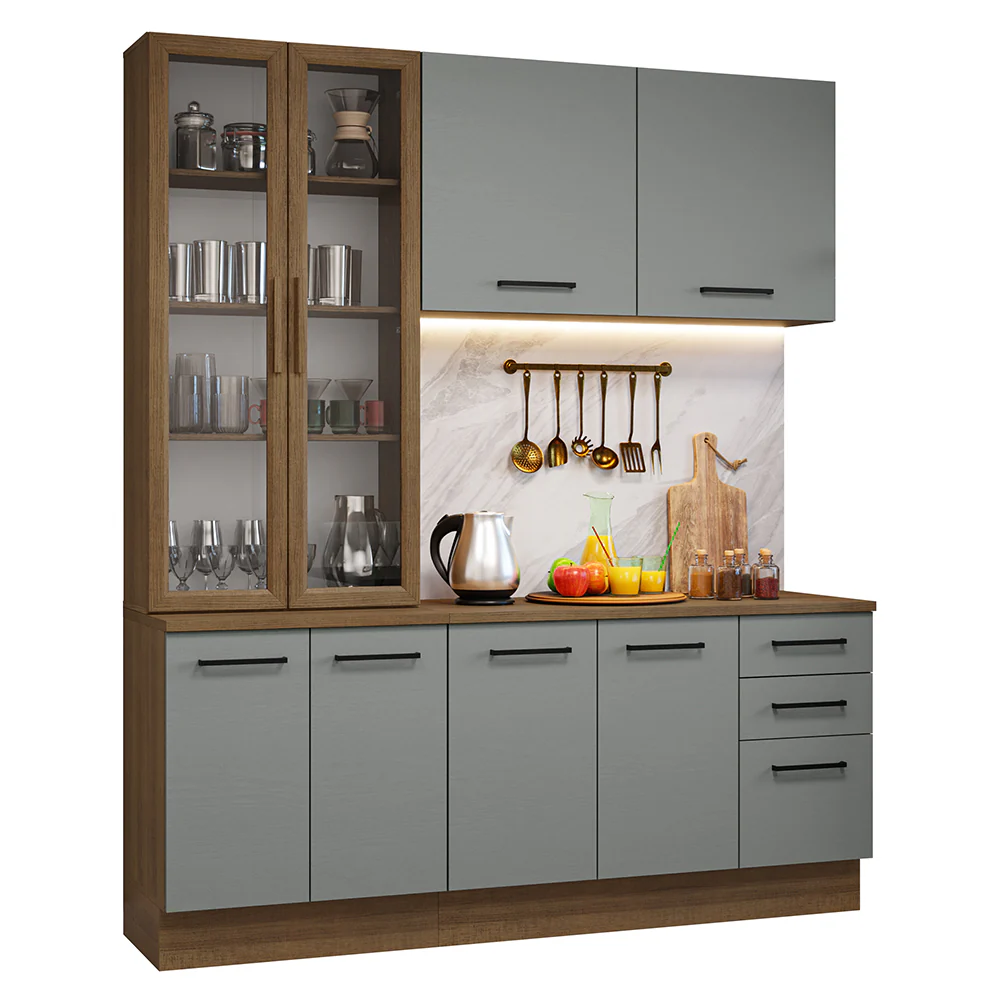 Armário de Cozinha Compacta 190cm com Cristaleira Rustic/Cinza Agata Madesa 01 - Image 2