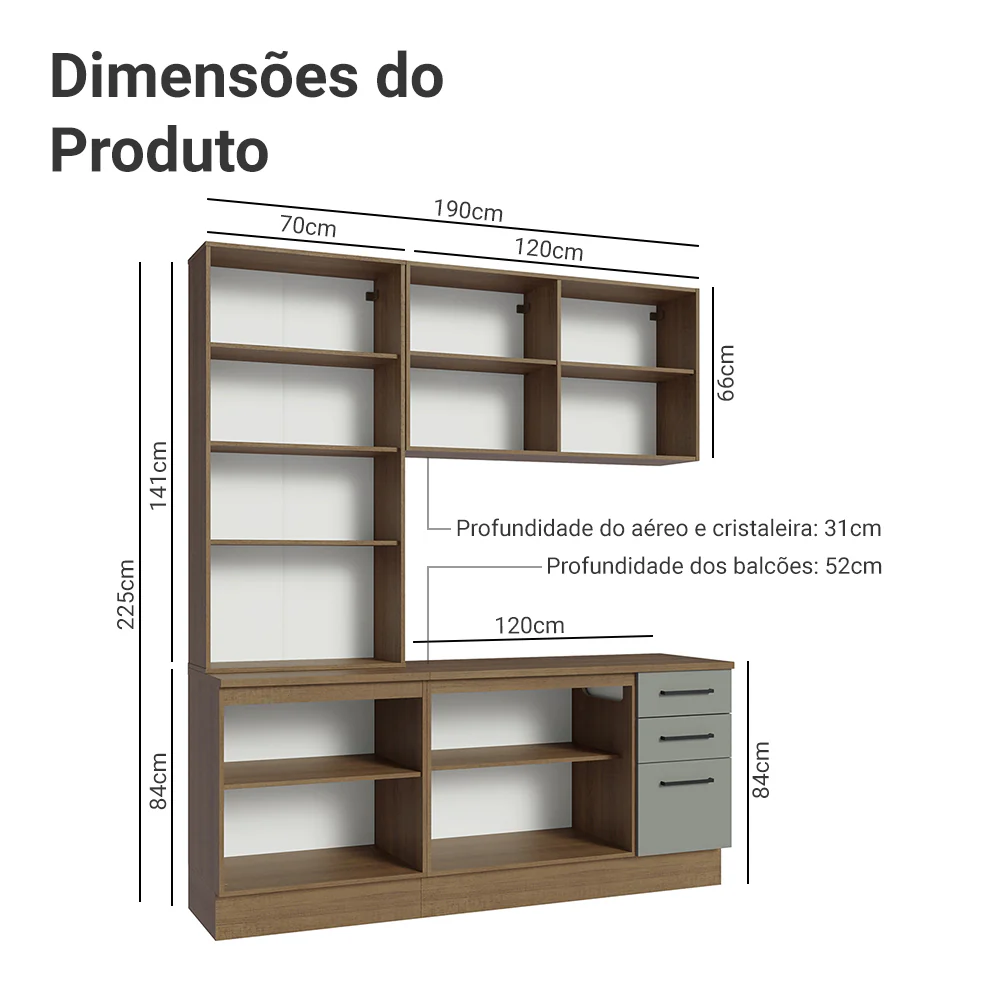 Armário de Cozinha Compacta 190cm com Cristaleira Rustic/Cinza Agata Madesa 01 - Image 3