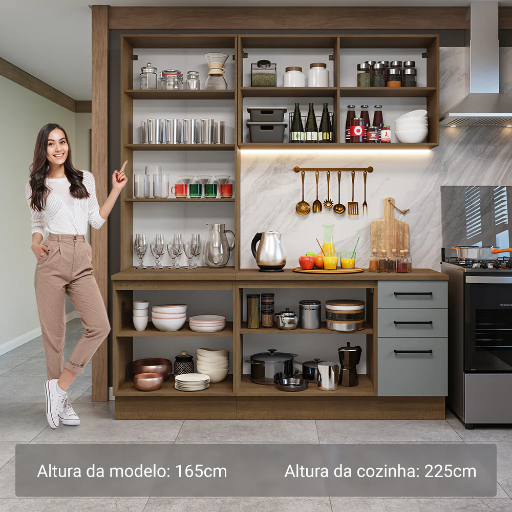 Armário de Cozinha Compacta 190cm com Cristaleira Rustic/Cinza Agata Madesa 01 - Image 4