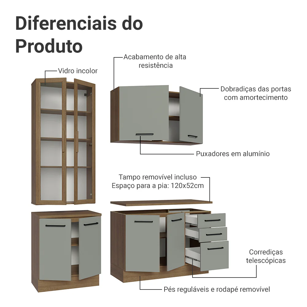 Armário de Cozinha Compacta 190cm com Cristaleira Rustic/Cinza Agata Madesa 01 - Image 5