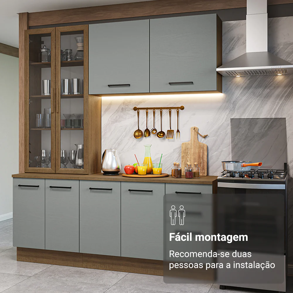 Armário de Cozinha Compacta 190cm com Cristaleira Rustic/Cinza Agata Madesa 01 - Image 9