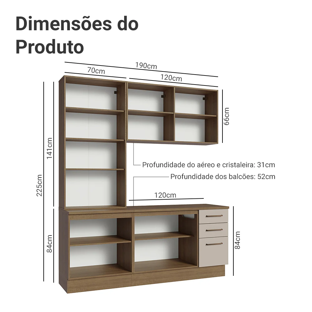 Armário de Cozinha Compacta 190cm com Cristaleira Rustic/Crema Agata Madesa 01 - Image 3
