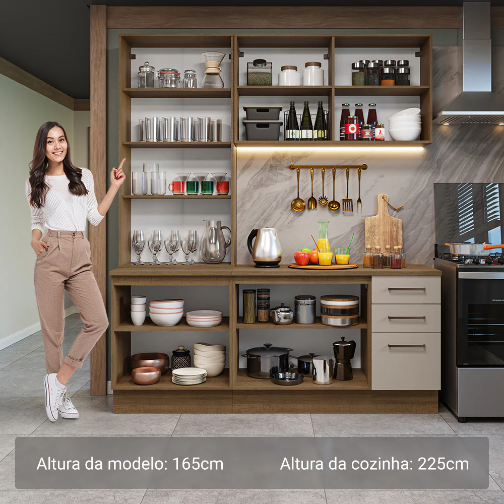 Armário de Cozinha Compacta 190cm com Cristaleira Rustic/Crema Agata Madesa 01 - Image 4