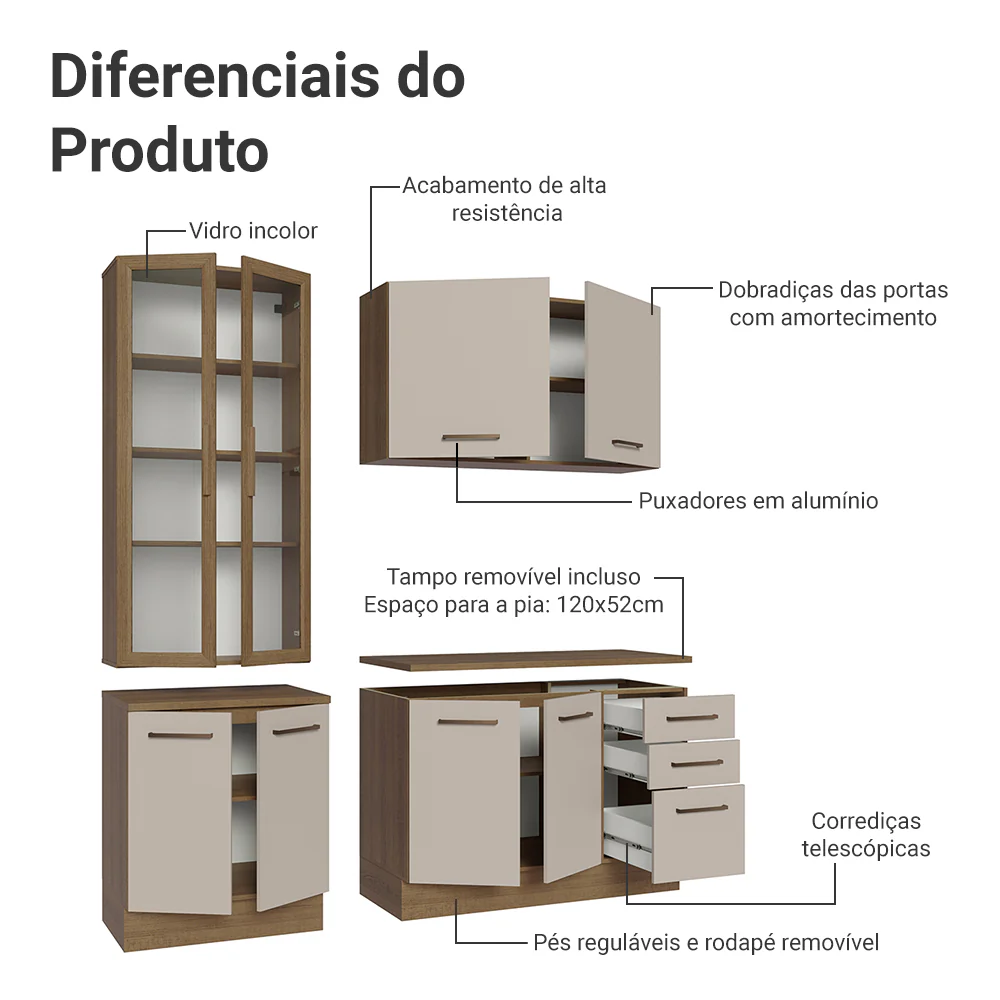 Armário de Cozinha Compacta 190cm com Cristaleira Rustic/Crema Agata Madesa 01 - Image 5