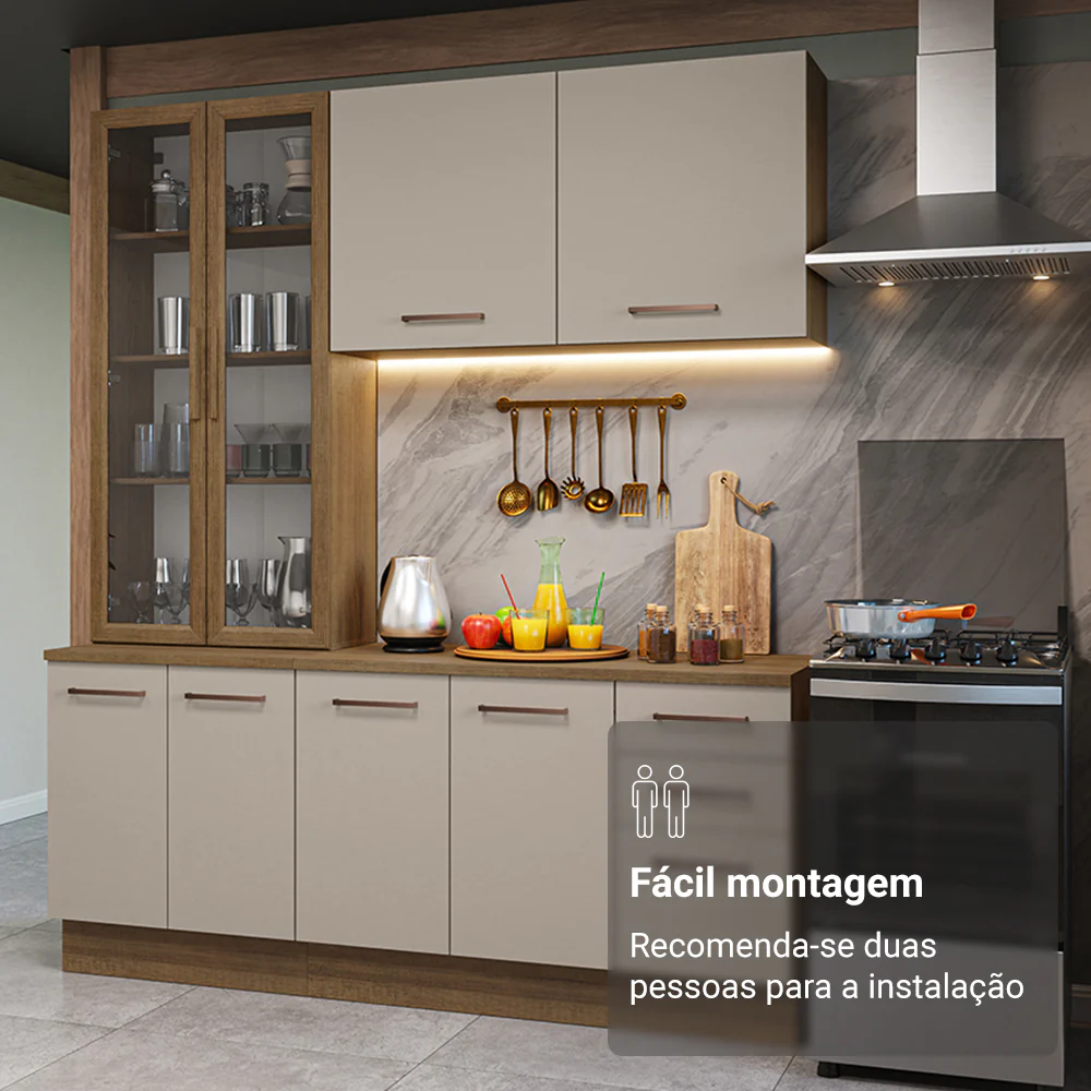 Armário de Cozinha Compacta 190cm com Cristaleira Rustic/Crema Agata Madesa 01 - Image 9