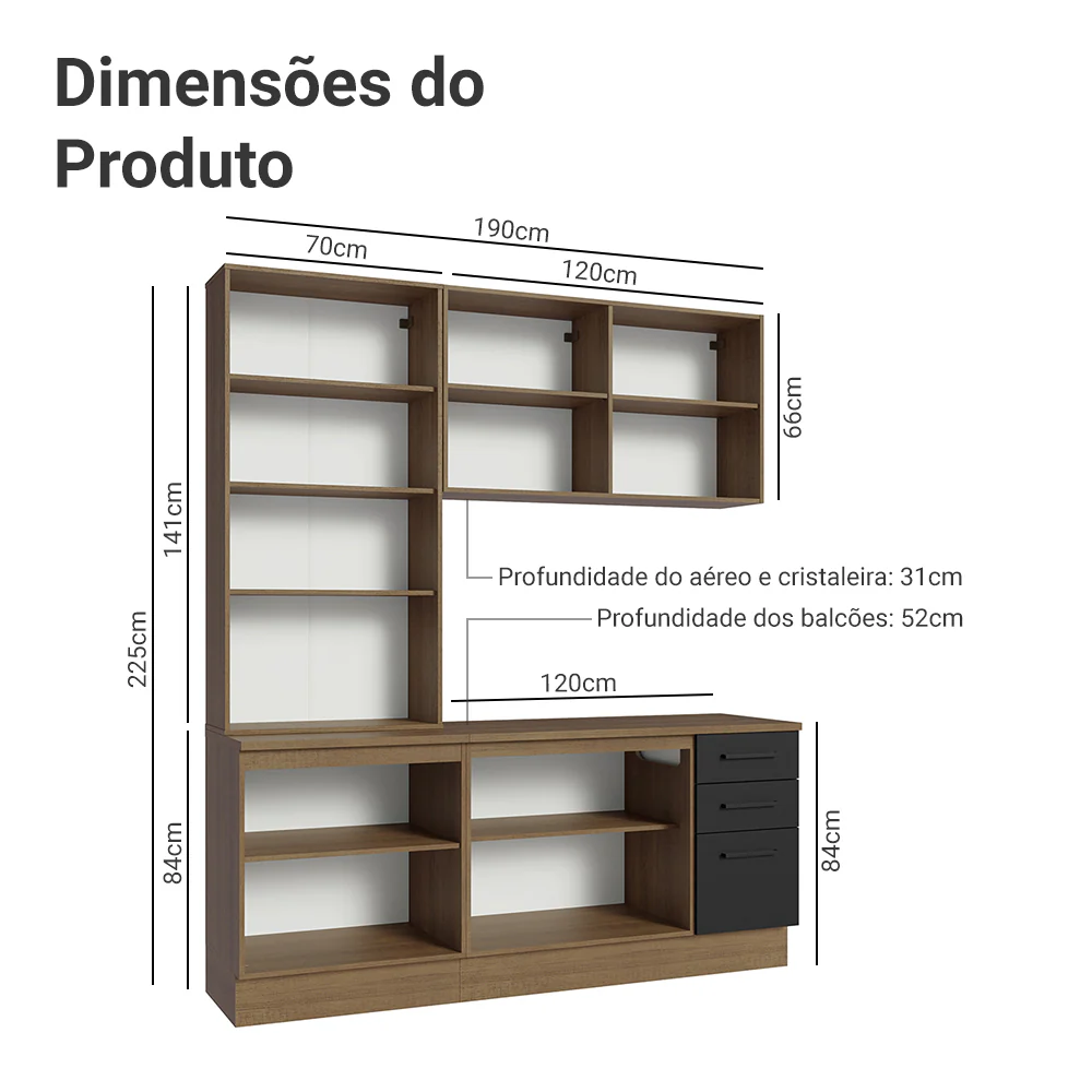 Armário de Cozinha Compacta 190cm com Cristaleira Rustic/Preto Agata Madesa 01 - Image 3
