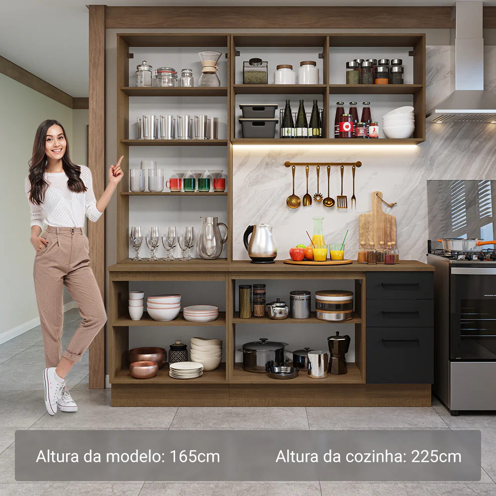 Armário de Cozinha Compacta 190cm com Cristaleira Rustic/Preto Agata Madesa 01 - Image 4