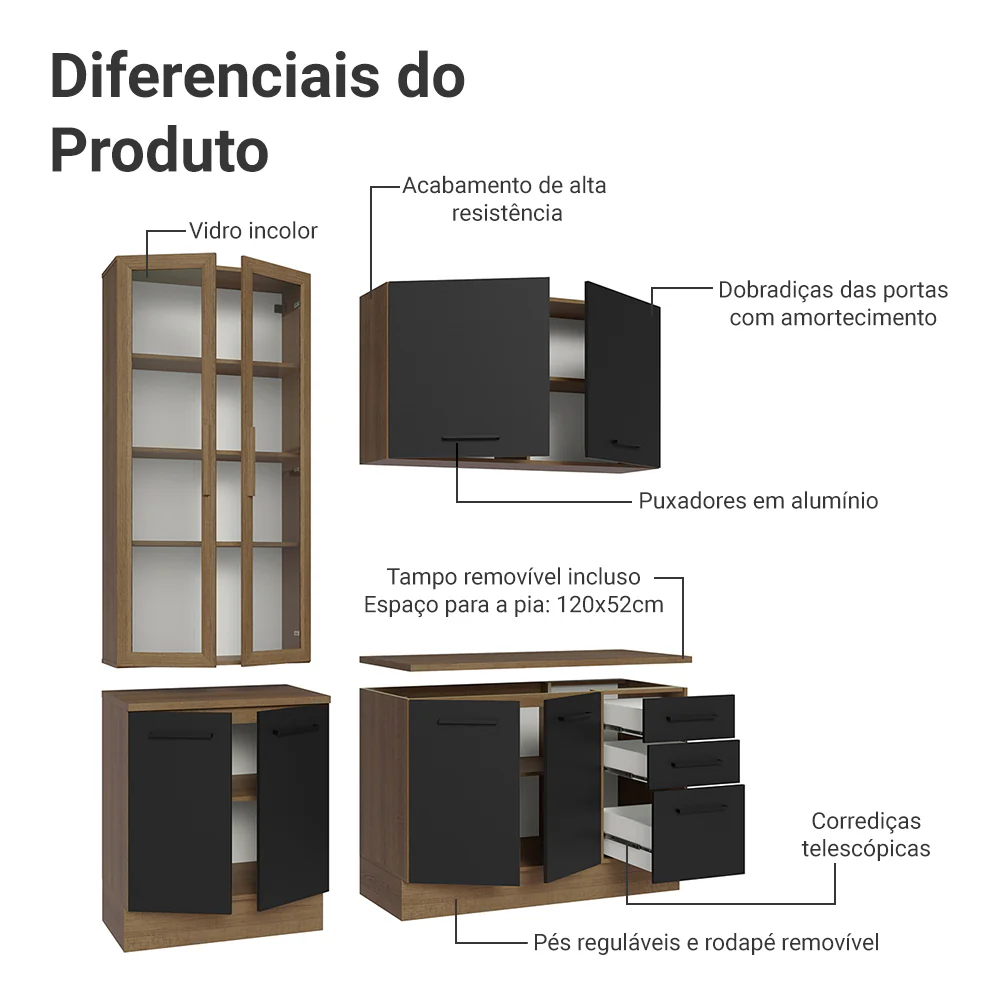 Armário de Cozinha Compacta 190cm com Cristaleira Rustic/Preto Agata Madesa 01 - Image 5