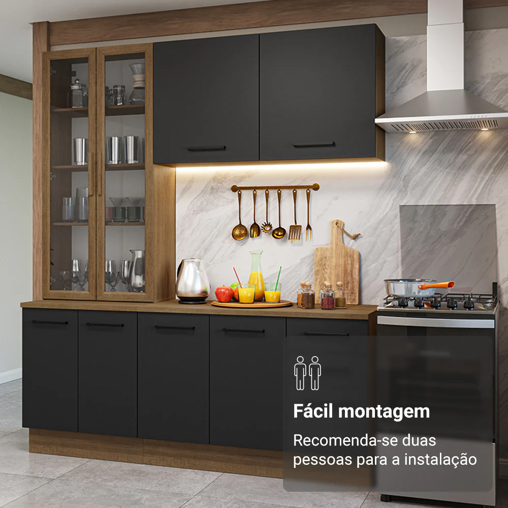 Armário de Cozinha Compacta 190cm com Cristaleira Rustic/Preto Agata Madesa 01 - Image 9