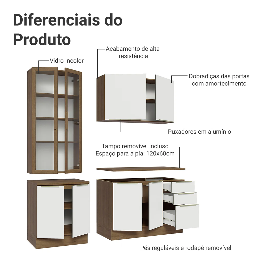 Armário de Cozinha Compacta 190cm Rustic/Branco Veludo Lux Madesa 02 - Image 5