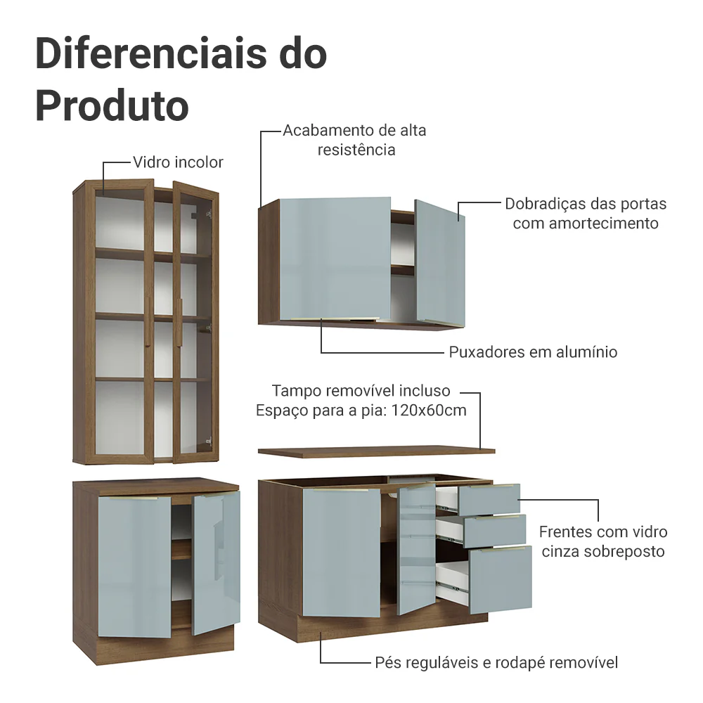 Armário de Cozinha Compacta 190 x 60 cm Rustic/Cinza Lux Madesa 02 - Image 5