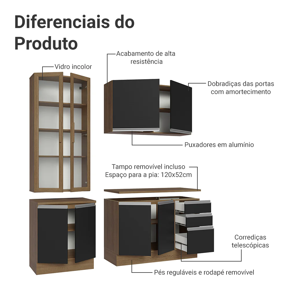 Armário de Cozinha Compacta 190cm Rustic/Preto Glamy Madesa 05 - Image 5