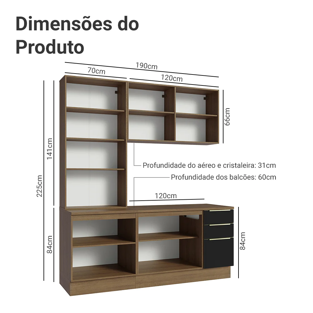 Armário de Cozinha Compacta 190 x 60 cm Rustic/Preto Lux Madesa 02 - Image 3