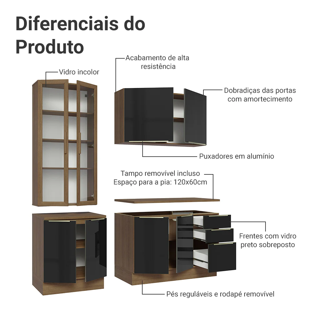 Armário de Cozinha Compacta 190 x 60 cm Rustic/Preto Lux Madesa 02 - Image 5