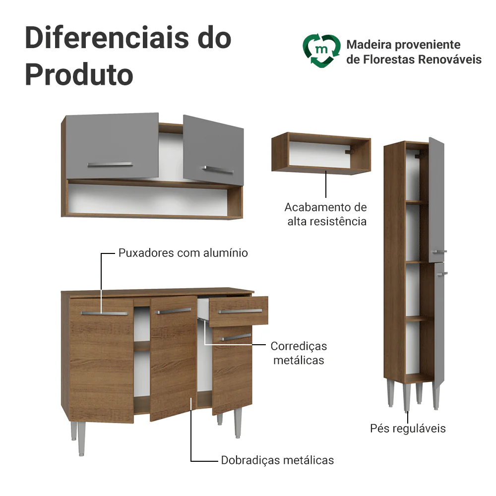 Armário de Cozinha Completa 197 cm Rustic/Cinza Emilly Madesa 01 - Image 4
