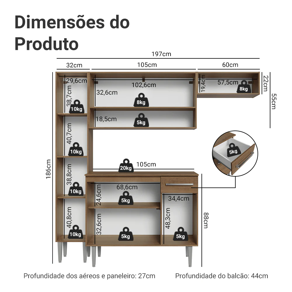 Armário de Cozinha Completa 197 cm Rustic/Cinza Emilly Madesa 02 - Image 3