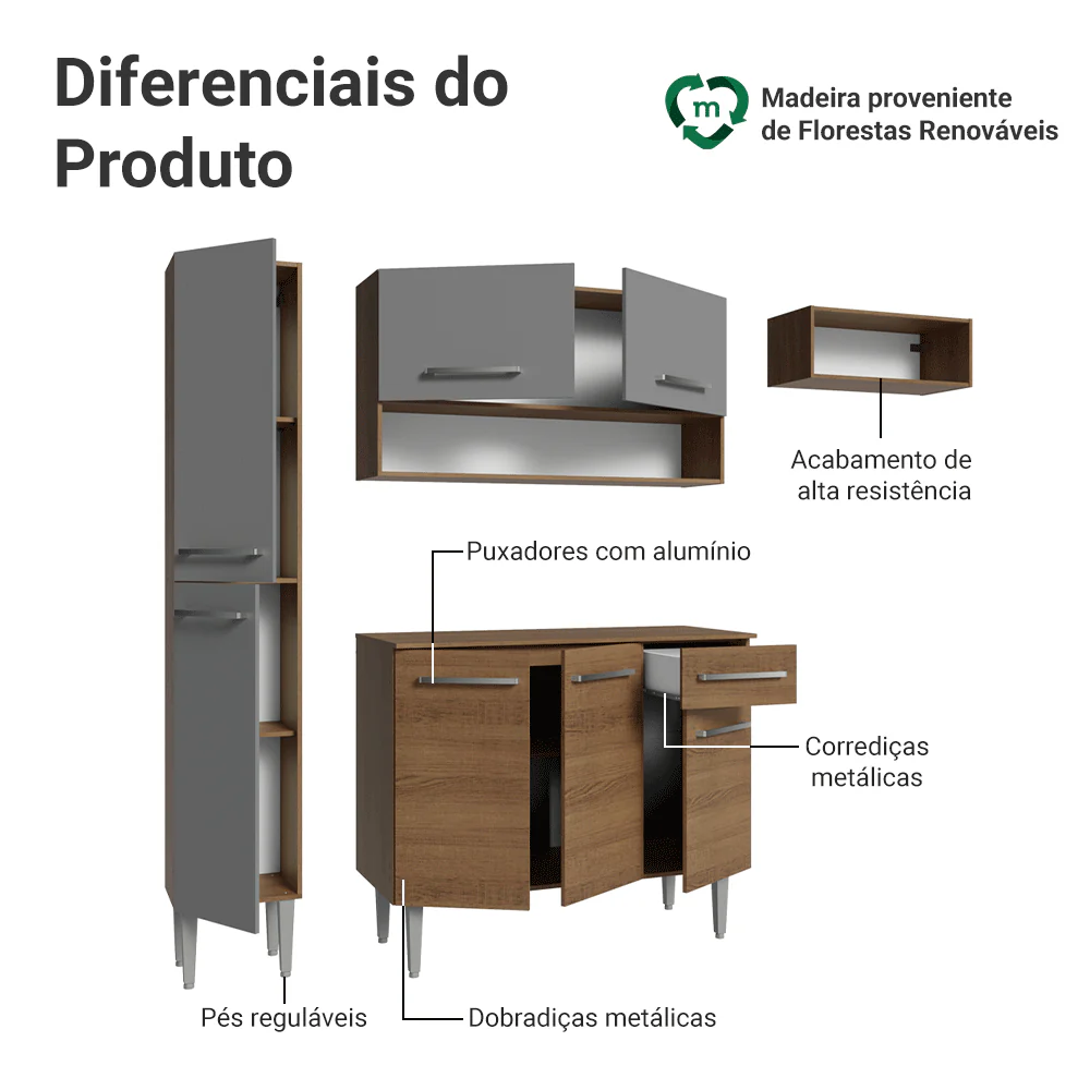 Armário de Cozinha Completa 197 cm Rustic/Cinza Emilly Madesa 02 - Image 4