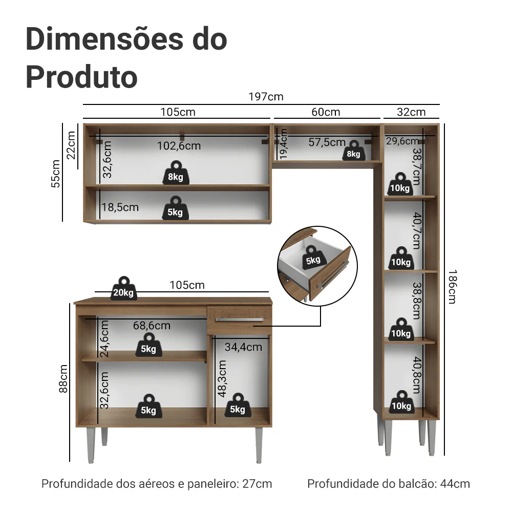 Armário de Cozinha Completa 197 cm Rustic Emilly Madesa 01 - Image 3