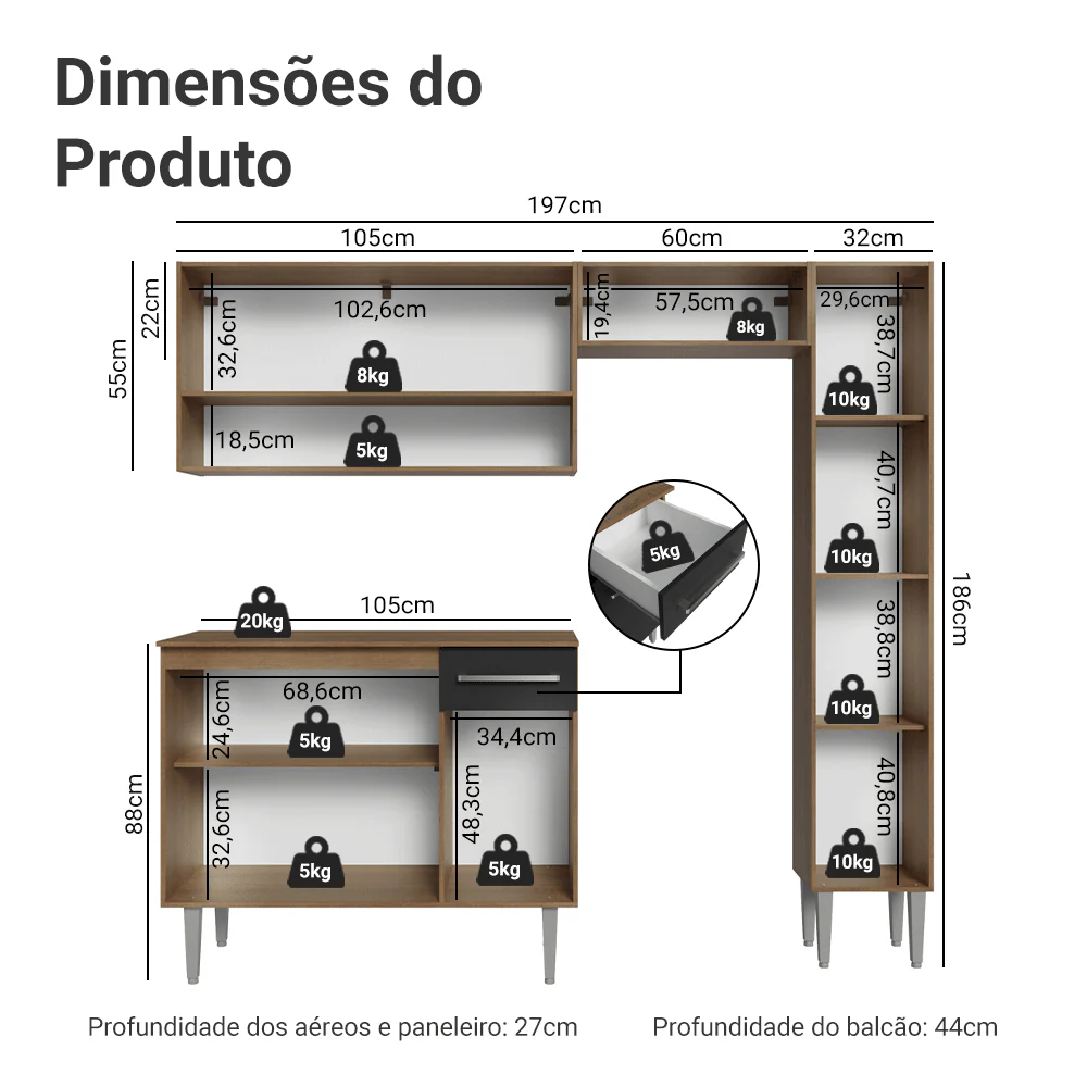 Armário de Cozinha Completa 197 cm Rustic/Preto Emilly Madesa 01 - Image 3