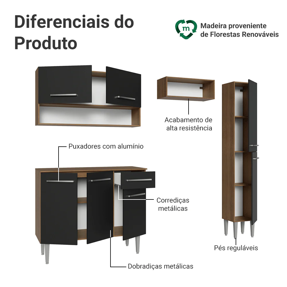 Armário de Cozinha Completa 197 cm Rustic/Preto Emilly Madesa 01 - Image 4