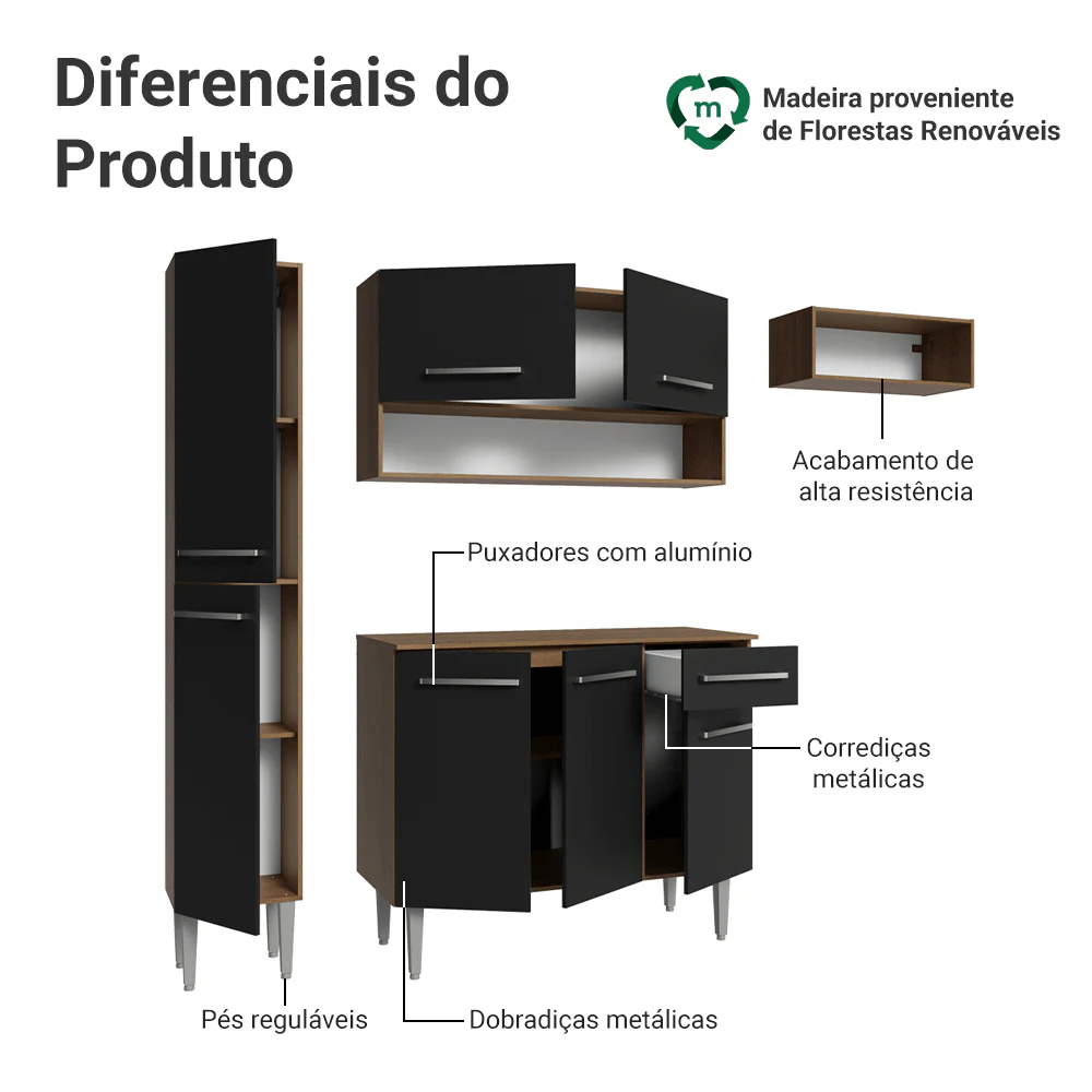 Armário de Cozinha Completa 197 cm Rustic/Preto Emilly Madesa 02 - Image 4