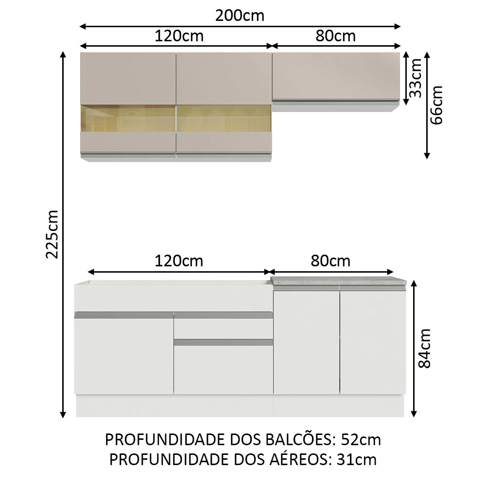 Armário de Cozinha Compacta 200cm Branco/Crema Glamy Madesa 07 - Image 3