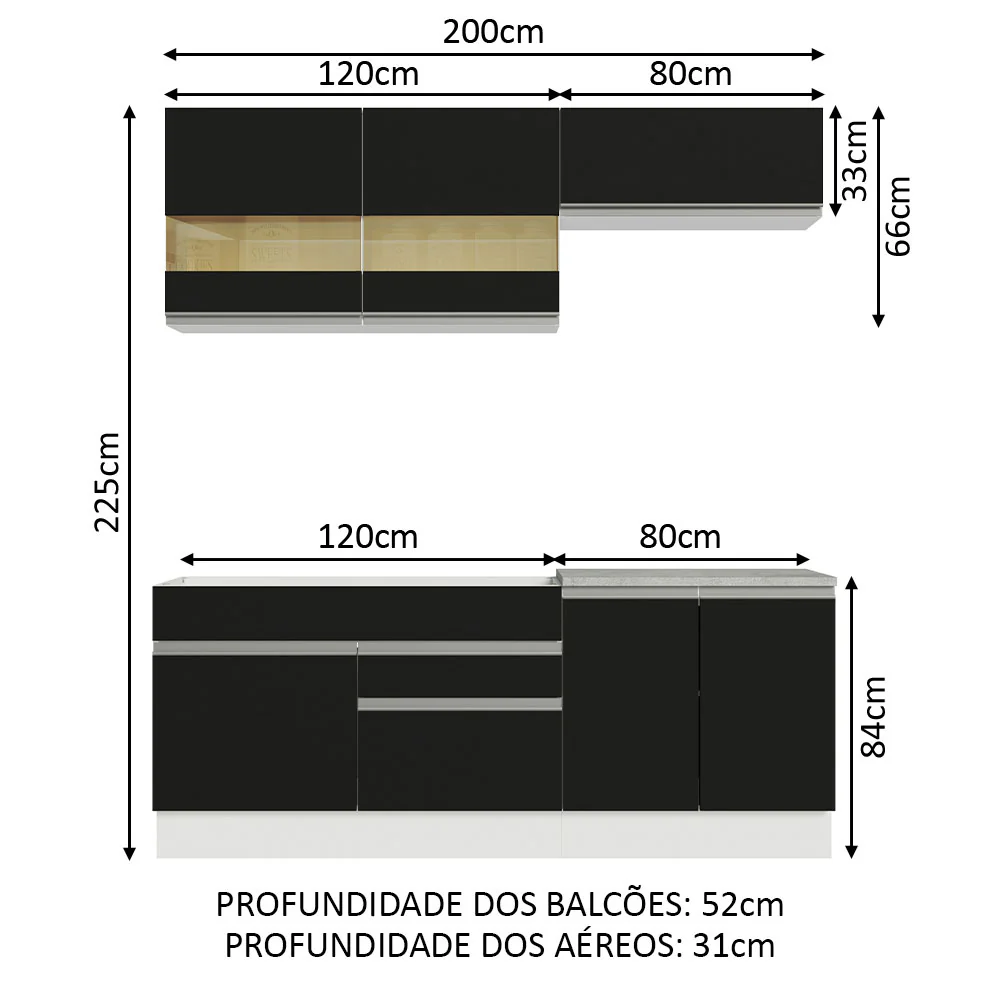 Armário de Cozinha Compacta 200cm Branco/Preto Glamy Madesa 07 - Image 3