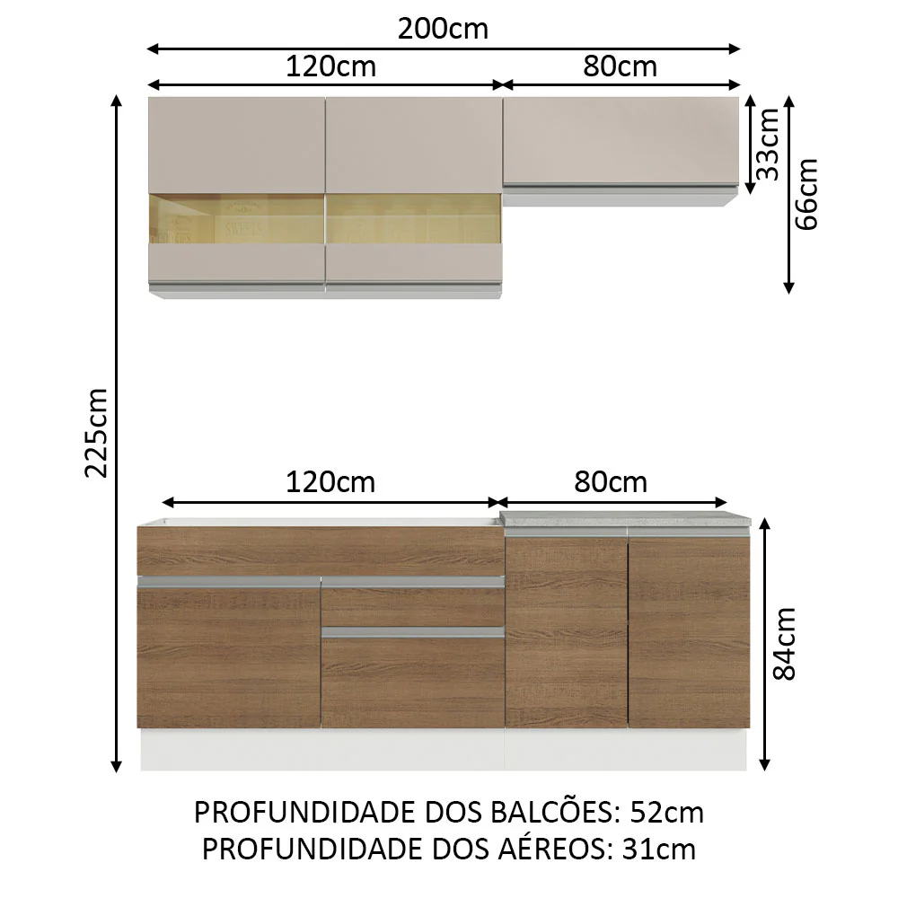 Armário de Cozinha Compacta 200cm Branco/Rustic/Crema Glamy Madesa 07 - Image 3